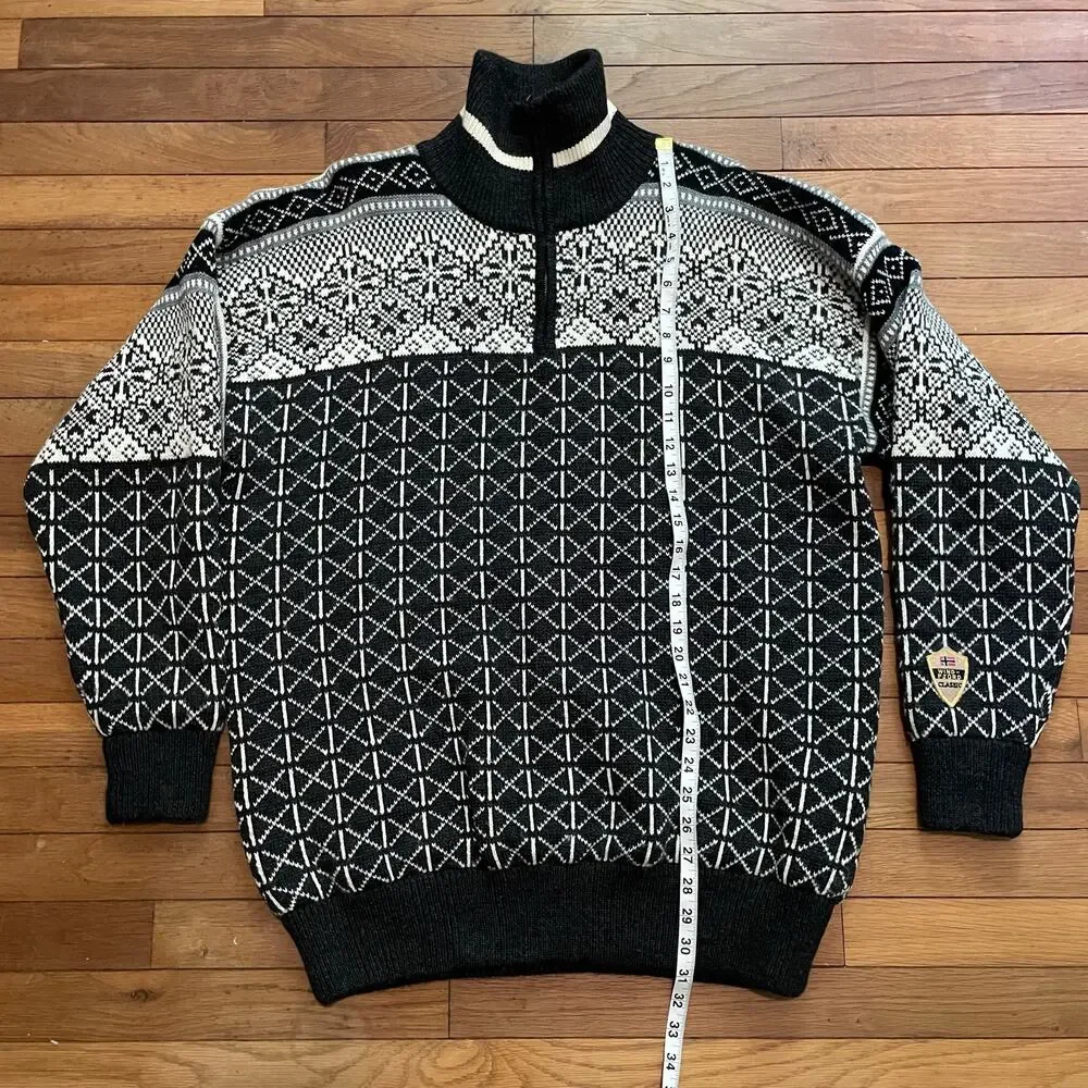 Windfjord Of Norway Wool Fair Isle 1/4 Zip Black White Mens XL Pull Over Sweater